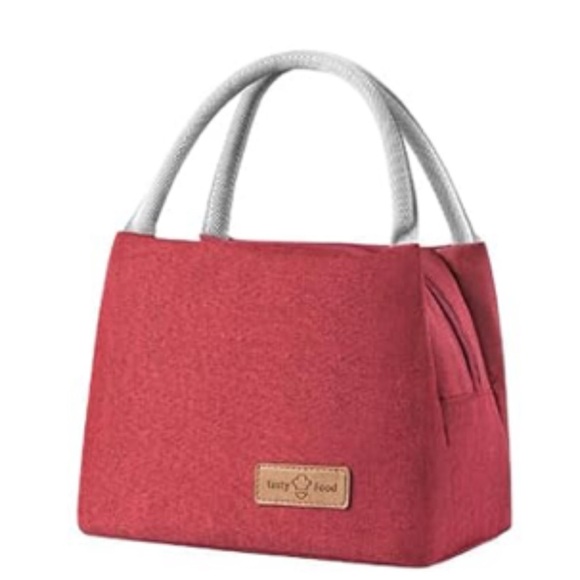 Red insulated lunch tote with Gray Handles - Picture 1 of 15